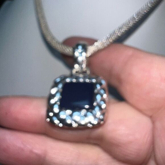 Silver Tone and Deep Navy Chunky Pendant Hook Closure Mesh Necklace - Picture 3 of 9